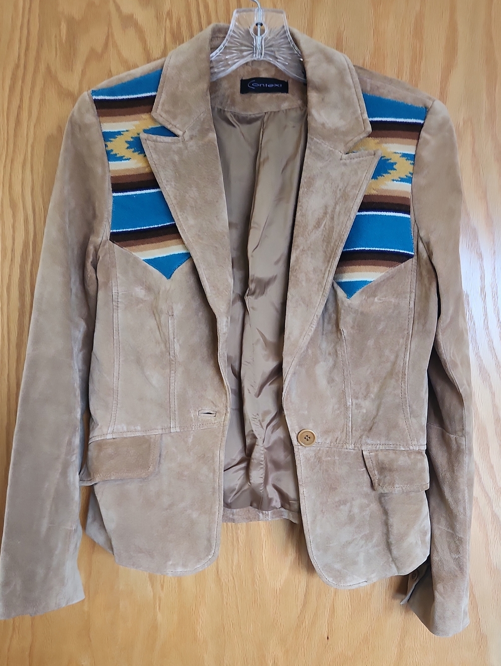 Context Tan Suede Blazer with Turquoise & Yellow Paneling